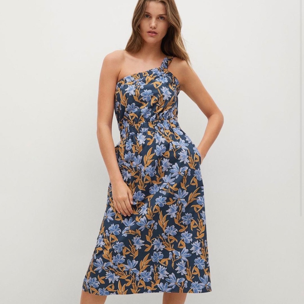 Mango - Blue and brown floral print a-line dress